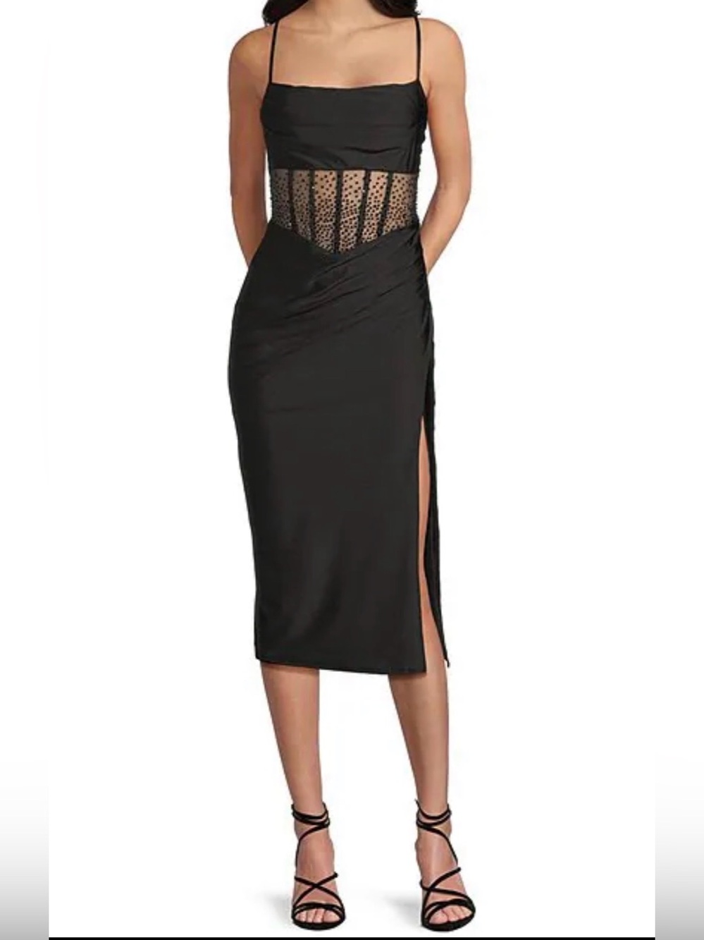 Spaghetti Strap Illusion Bodice Side Slit Midi Dress